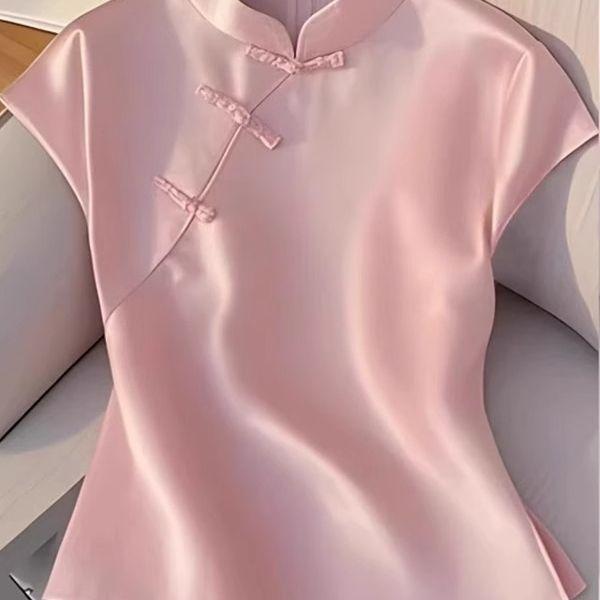 Pink Improved Cheongsam Button Top Irregular Design Shirt Summer New Half Sleeve