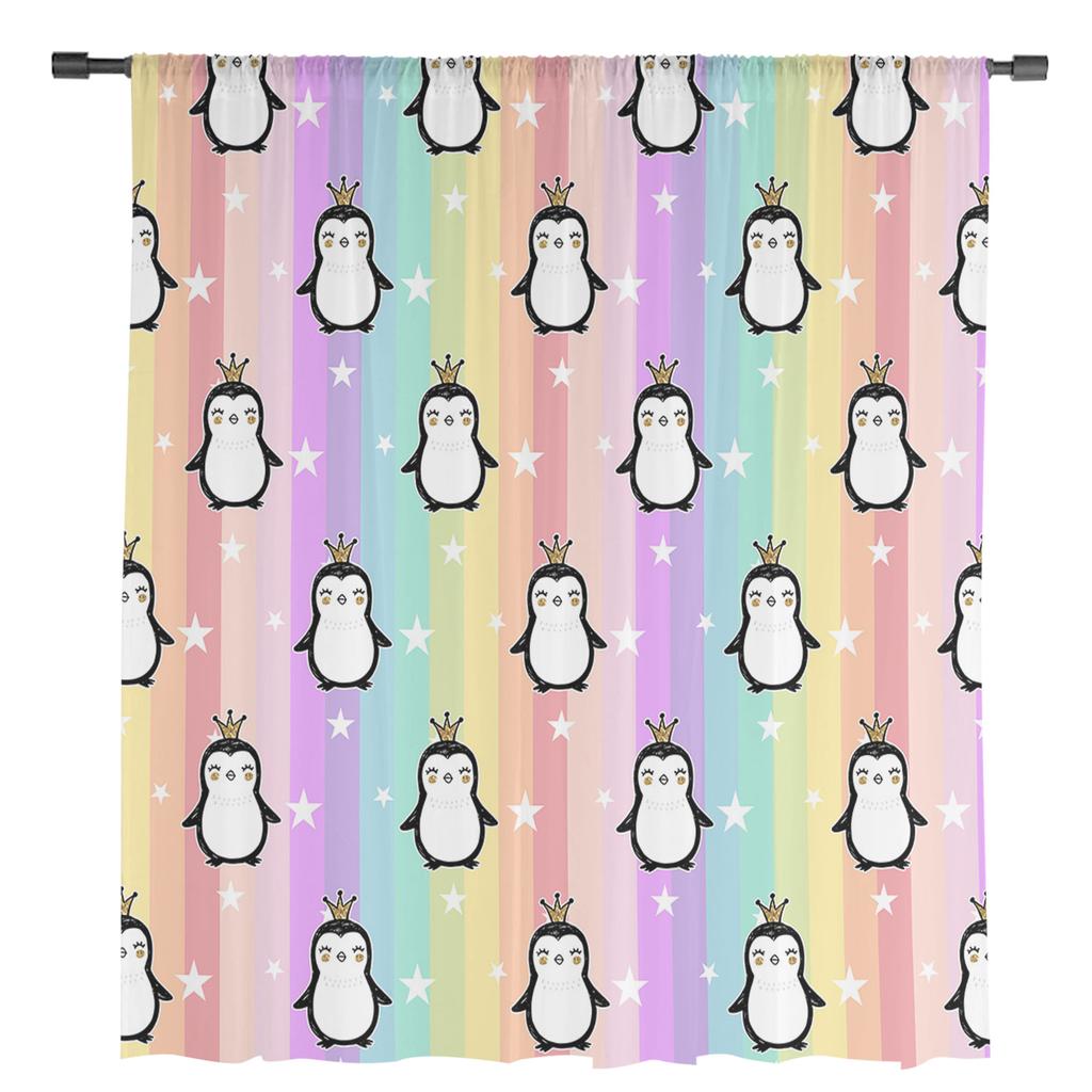 Cartoon Animal Penguin Stars Rainbow Stripes Sheer Curtains for Living Room Decor Window Curtains Kitchen Tulle Voile Curtains