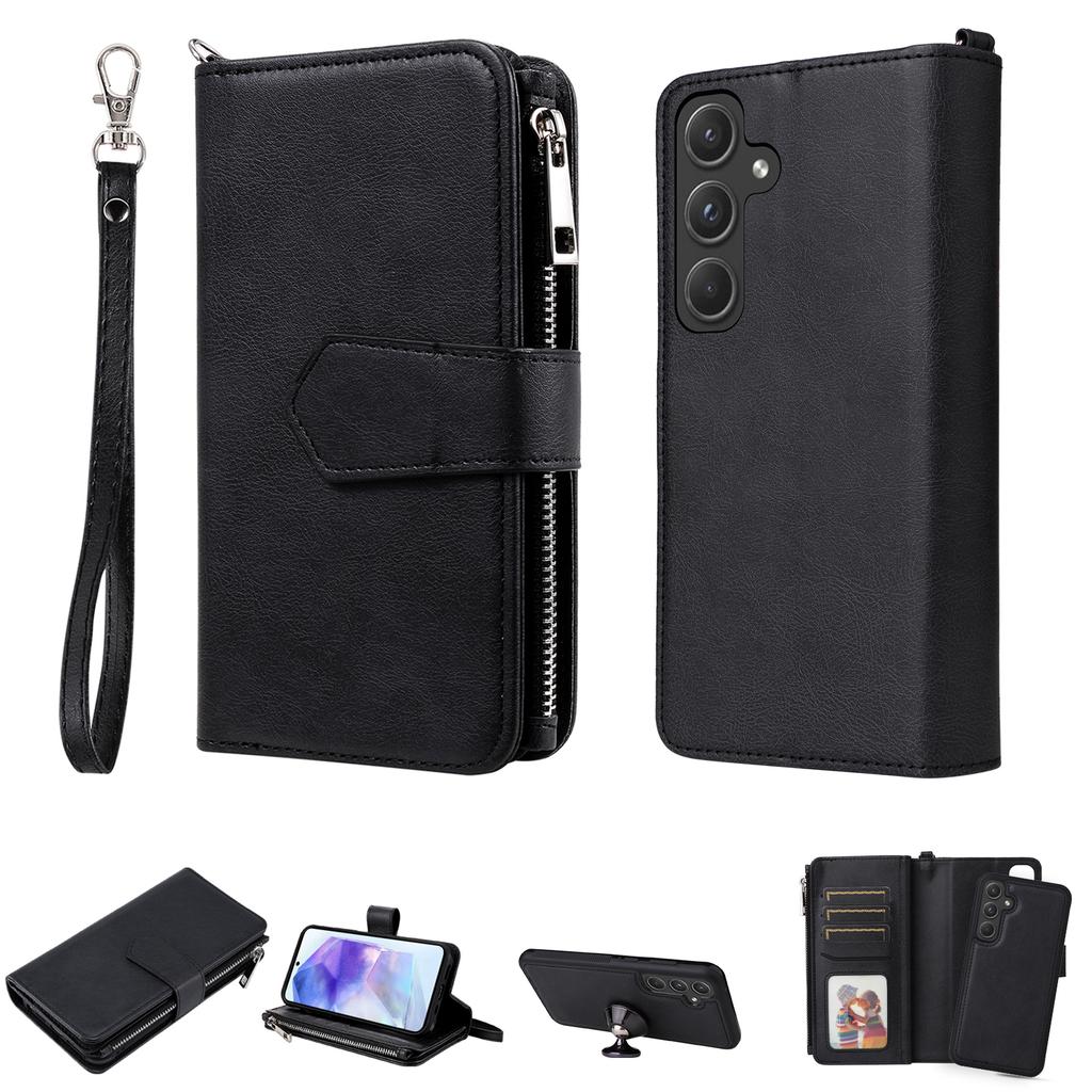 For Samsung Galaxy A55 5G Magnetic Leather Case Mobile Cover with Detachable Zipper Wallet Strap