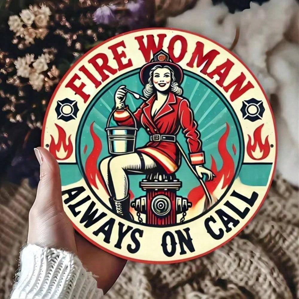 Fire Woman Female Firefighter Round Metal Wall Art Sign, Aluminum Decor For Home Room