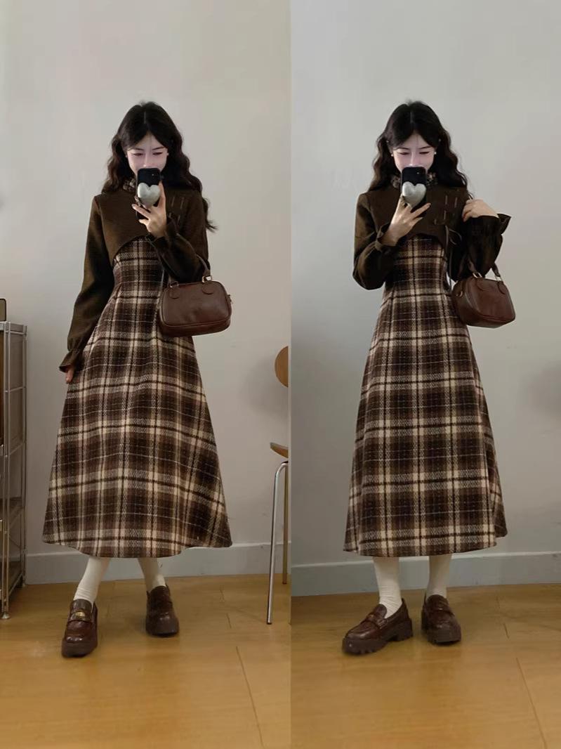 Women s Winter Retro Plaid Wool Dress - Waist-Cinching, Slimming, Plus Size, Elegant & Long 2XL