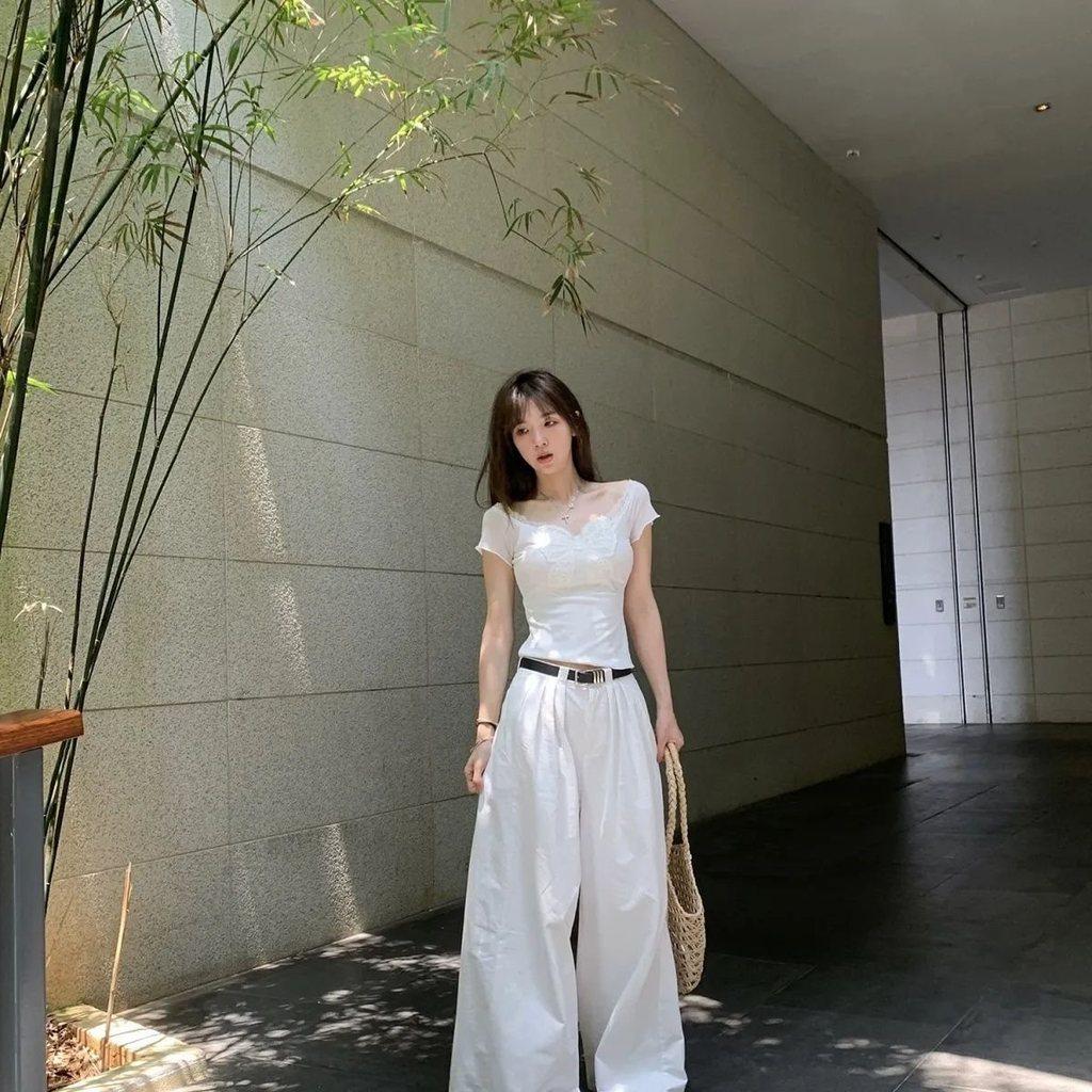 Camiseta con Lazo de Mariposa de Encaje Verano Mujer Blanca Oversize Diseñador Algodón