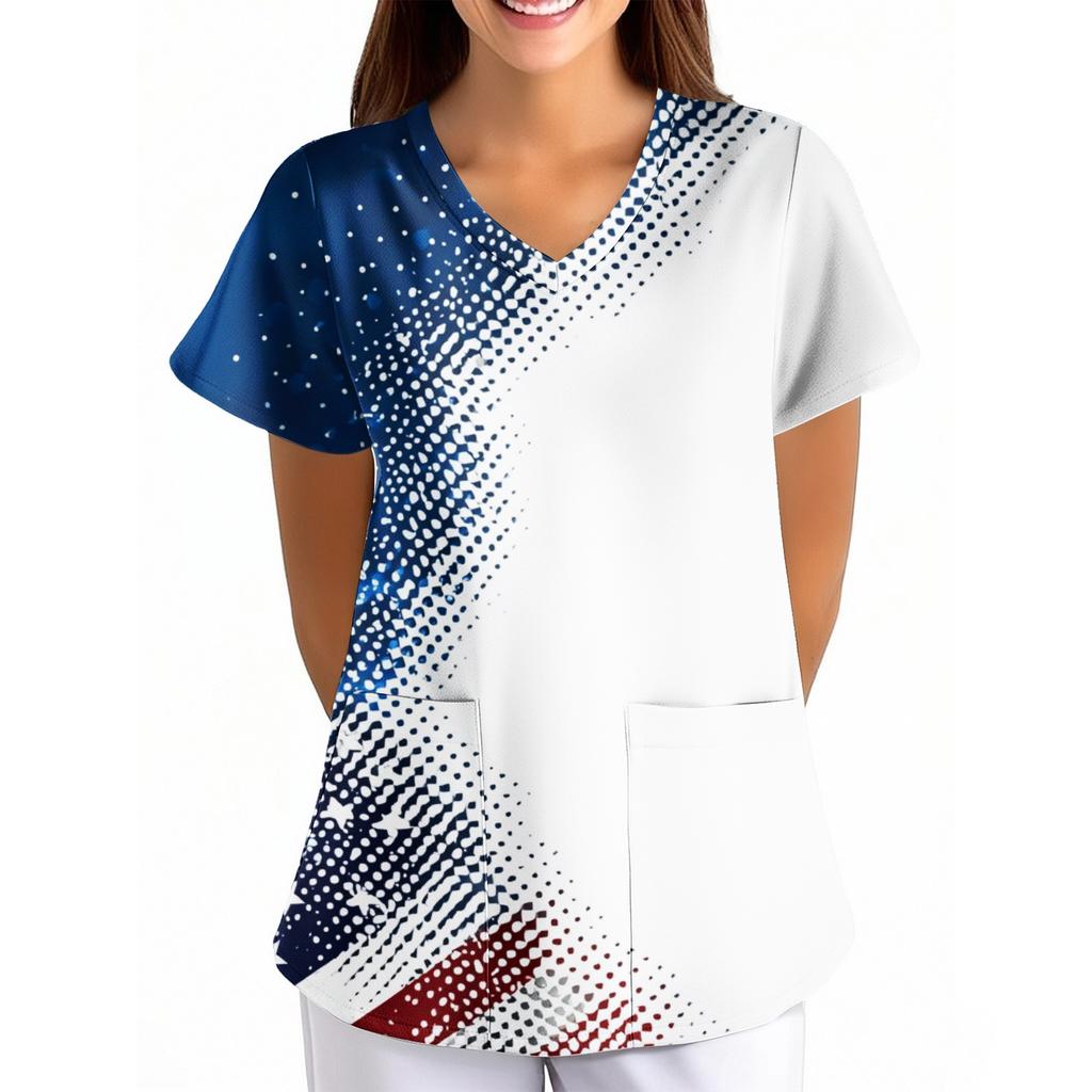 Women's Independence Day Printed Loose V-Neck Pocket Short-Sleeve Caregiver/Uniform