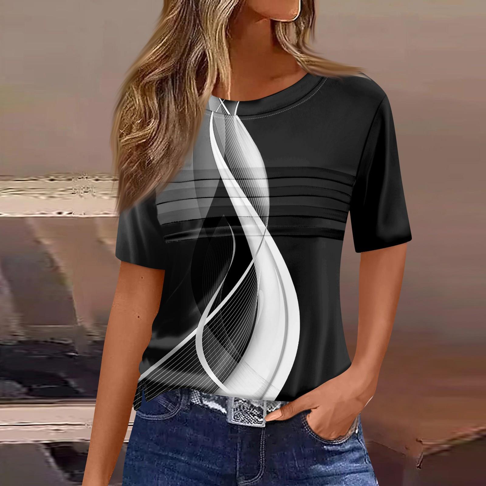 

Футболки для женщин, плиссированные, с круглым вырезом, нарядные, повседневные, блузки с принтом, с коротким рукавом, летние топы, свободный крой L чёрный