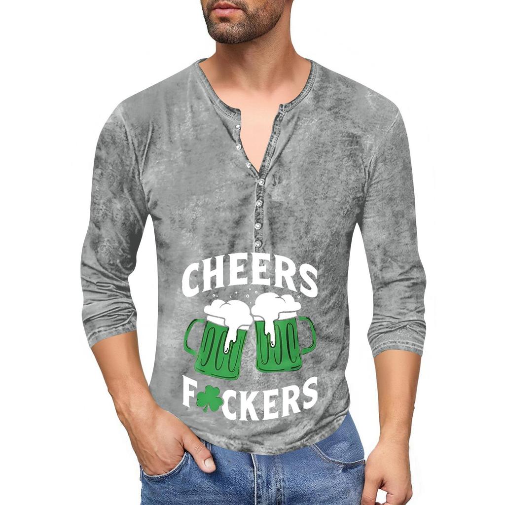 Men'S Printed T-Shirt Outdoor Retro Button Loose Long Sleeve Top