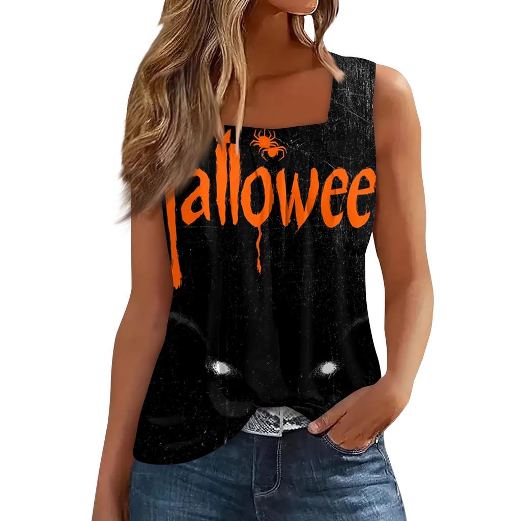 Women Sleeveless Tank Top Square Neck Ruffle Detail Halloween Print Casual Summer Vest Shirt for Daily Wear