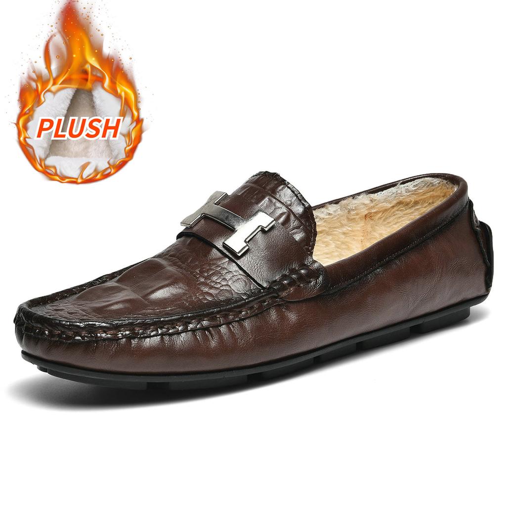 Winter warm velvet beanie shoes crocodile pattern lazy driving shoes British casual men's leather shoes genuine leather cowhide cotton shoes