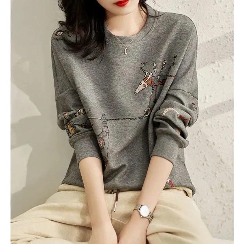 Casual Chic Hoodie Female O Neck Long Sleeve Loose Pullover Tops Women Korean Fashion Funny Embroidery Cotton Sweatshirt Simple