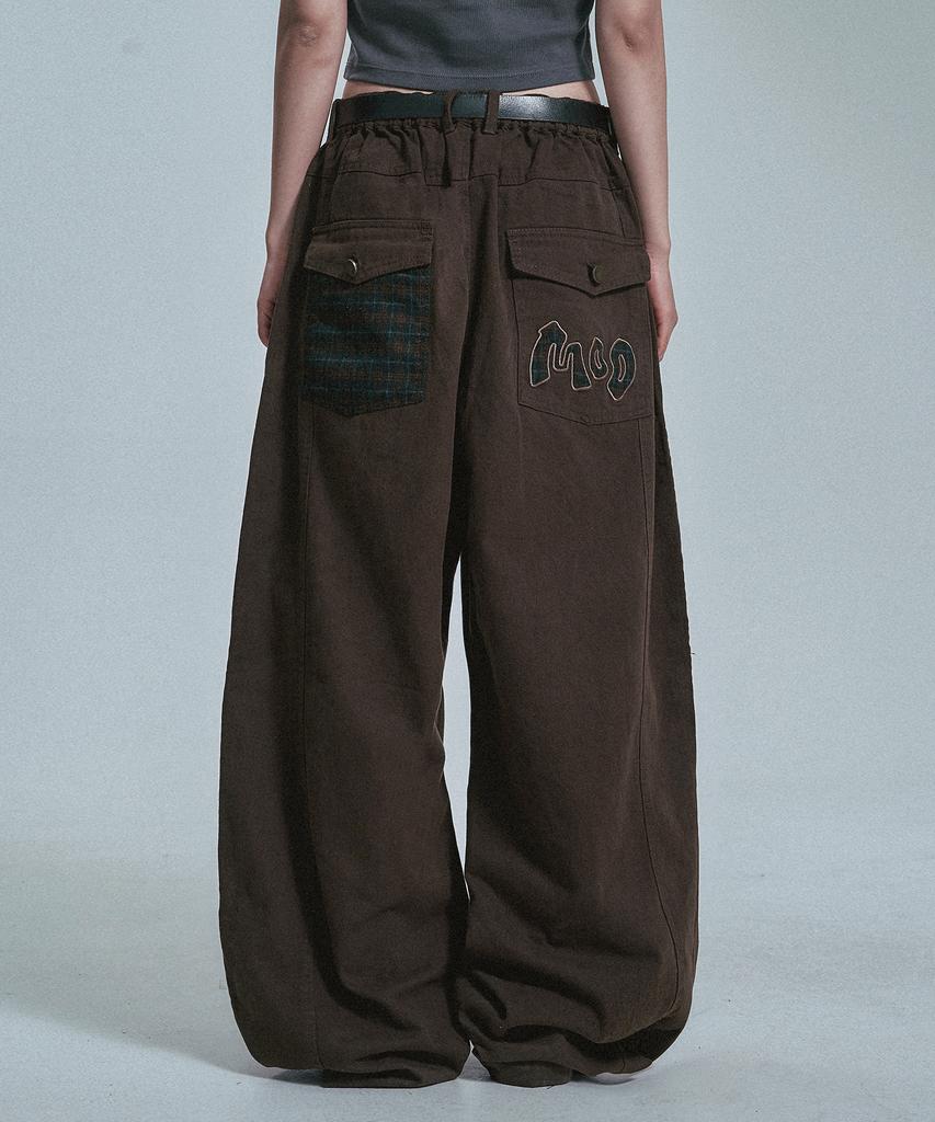 MOO Check Color Block Balloon Cotton Pants - Brown
