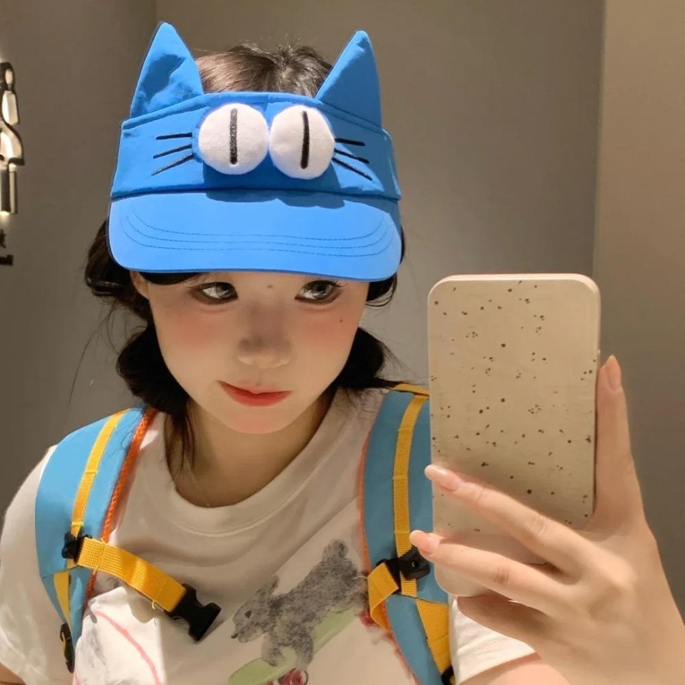 Adorable Big Eyes Cat Visor Cap Sun Protection Cat Ears Sun Hat Fashion Kitty Hollow Hat  Summer