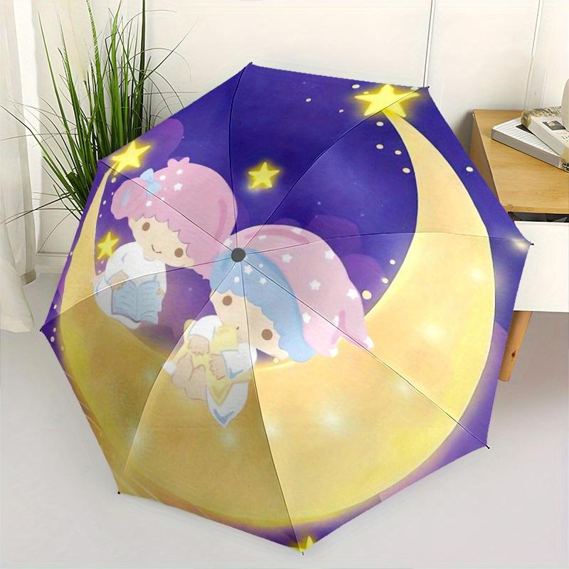1 Stück Mond Kleine Zwillingssterne Automatischer 3-Fach-Regenschirm Design, Niedliches Cartoon-Muster, Tragbarer Outdoor-Regenschirm, Perfekt, Feiertagsgeschenk für Fans.S052