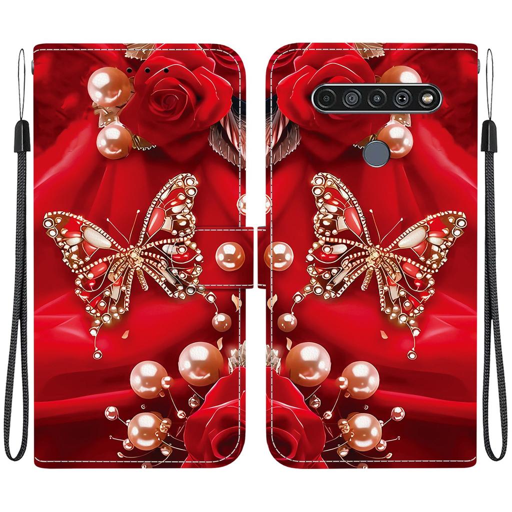 Handmade PU Leather Flip Case for LG K61 Anti-Slip Shockproof Cover with Wrist Strap & Heart/Rose Cat Designs