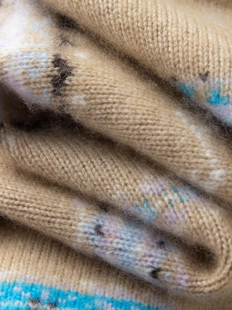 Fair Isle Striped Cashmere Cardigan - Women's Warm Round Neck Jacquard Sweater for Autumn/Winter
