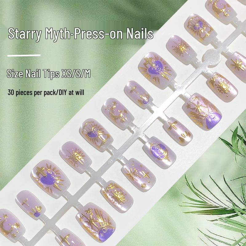 Star Moon Myth Purple Heart 3D Gilded Luxury Wearable Nail Art Patches, 30 Pieces