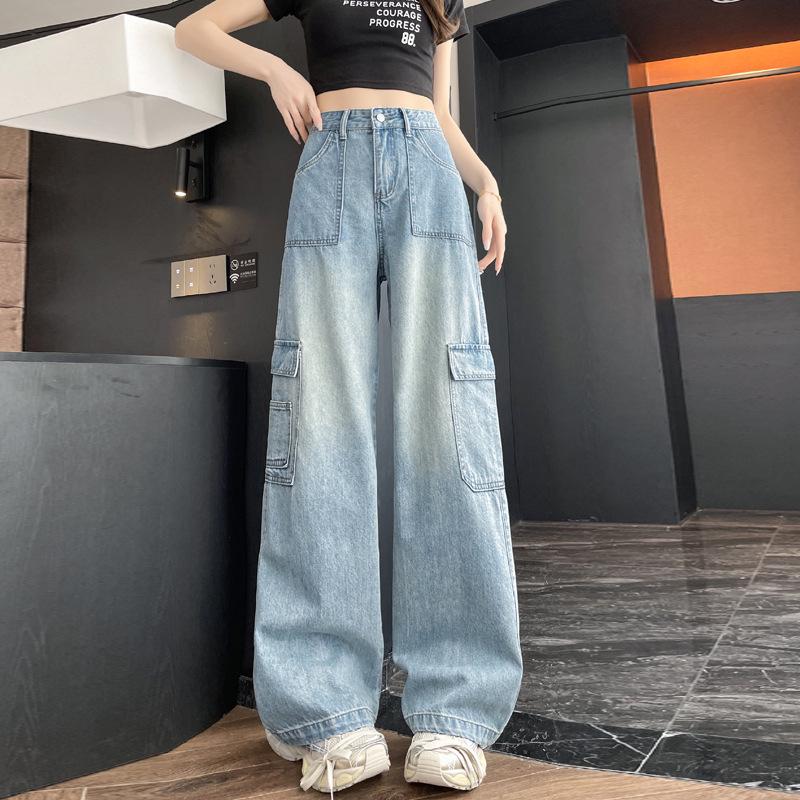 

Women s Retro High-Waisted Cargo Jeans - Spring/Autumn Loose Fit with Pockets L