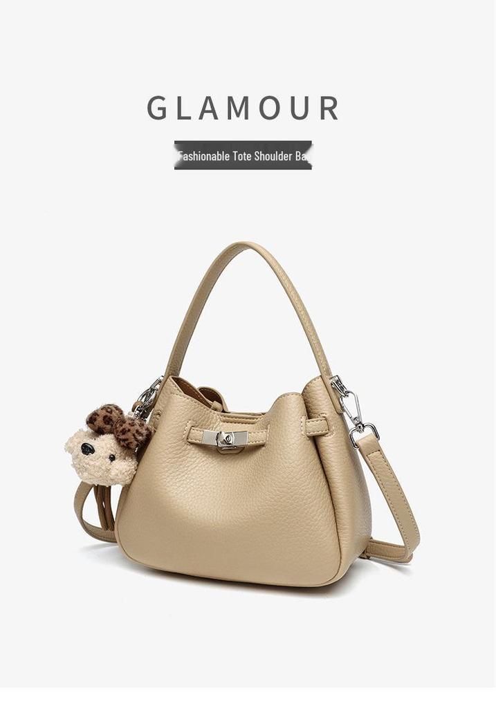 Korean Style Genuine Leather Bucket Bag with Cute Dog Pendant - Versatile Crossbody and Shoulder Bag for Women