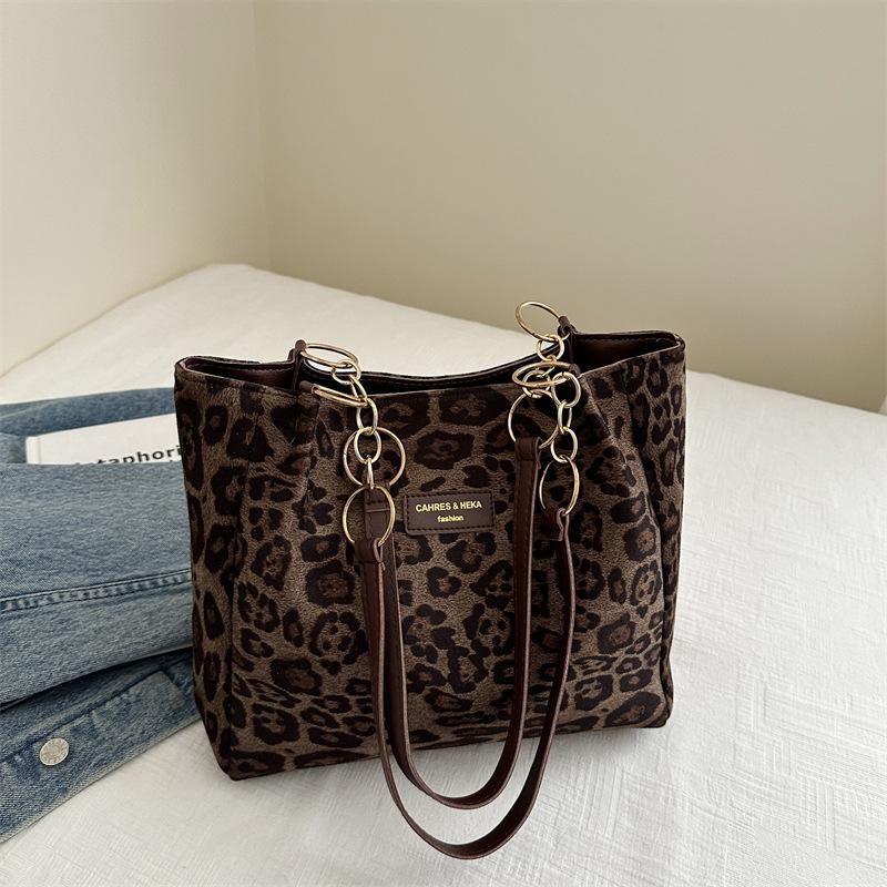 Casual Commuting Large-capacity Bag Women's 2025 Autumn New Suede Suede Leopard Print Shoulder Bag Portable Tote Bag