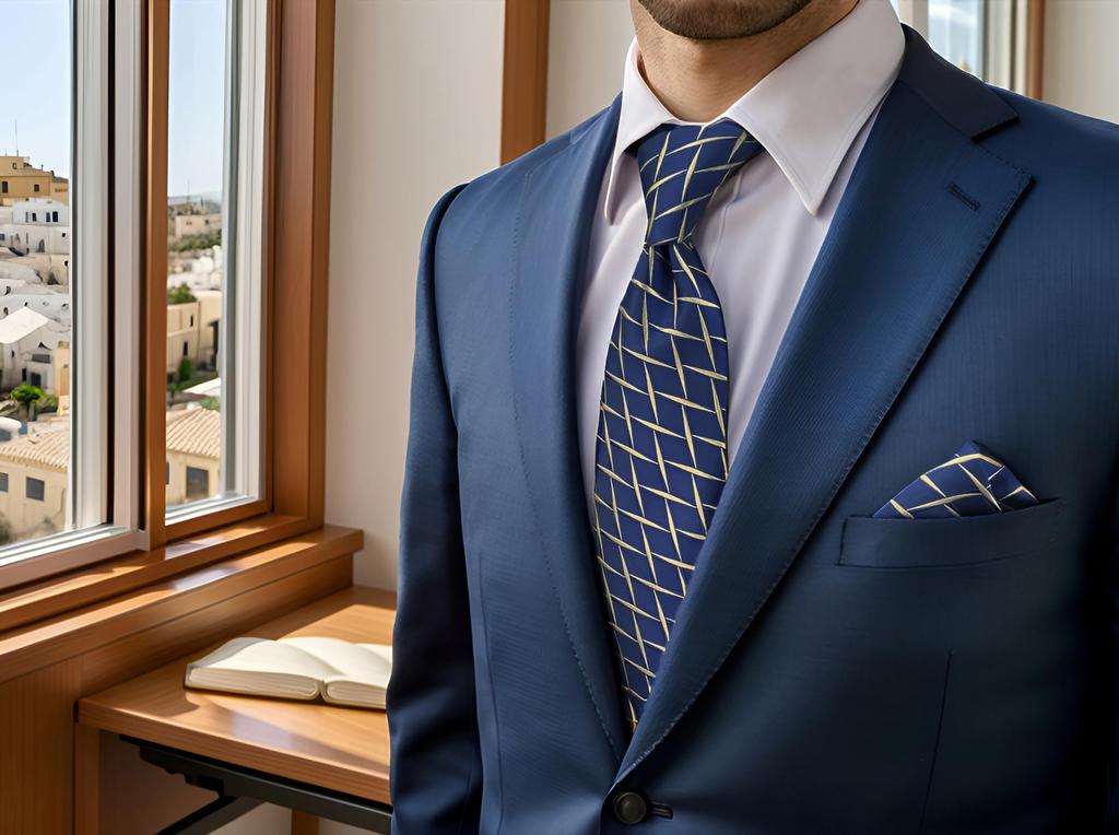 [S&W SHLAX&WING] Men's Tie & Pocket Square Set, Navy Blue & Yellow, Medium, 147cm