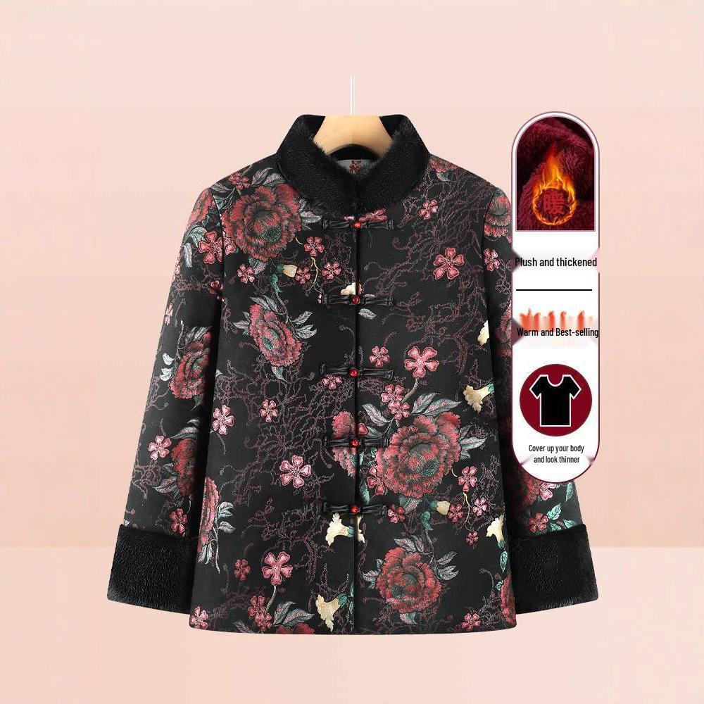 Winter Cotton Jacket for Elderly Women, Plus Velvet Thickened, Chinese Style, Ideal for Women Aged 70-80.