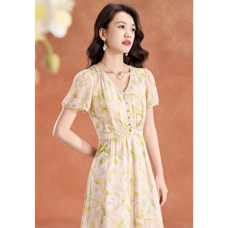 Elegant Champagne Floral Puff Sleeve A-Line Summer Dress