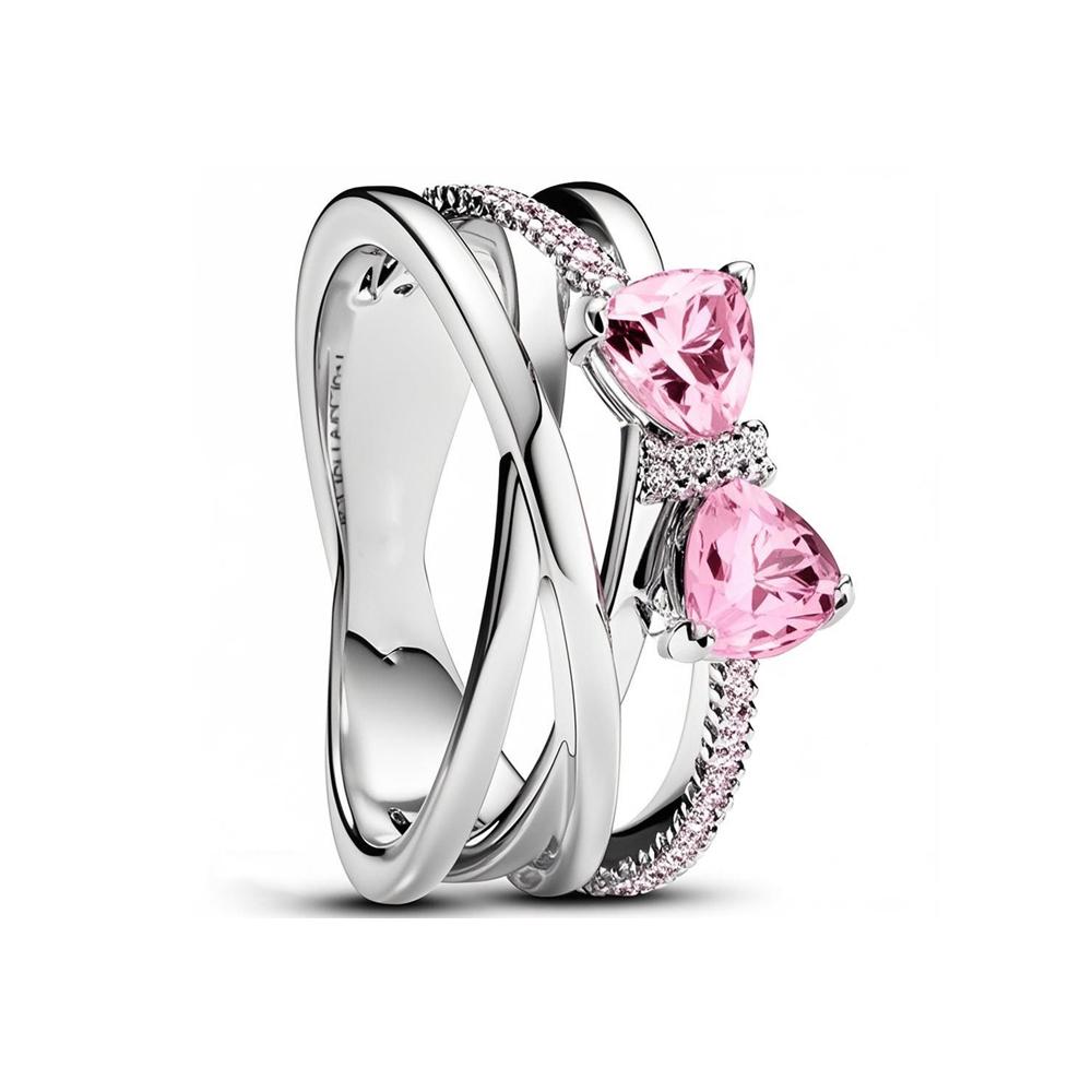 New 925 Silver Red Pink Bow Zircon Oxide Enamel Heart Love Ring Wedding Rings Fashion Fine Jewelry For Women Gifts