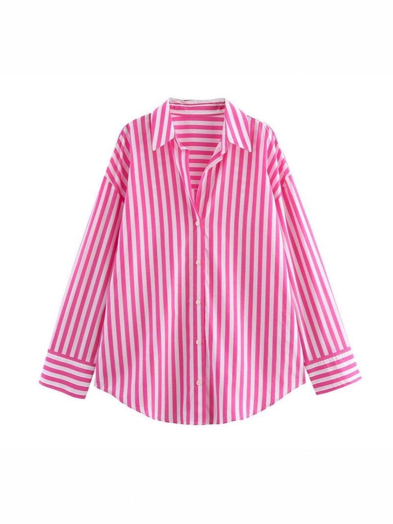 Spring & Autumn Women's European & American Style Striped Lapel Single-Breasted Loose Long Sleeve Shirt