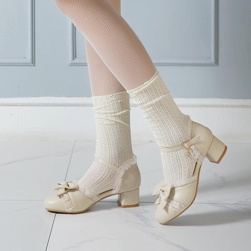 Sladké japonské Lolita princeznovské taneční boty Dívčí roztomilé letní boty s mašlí Kulatá špička Bílé Růžové College lodičky Dámské sandály