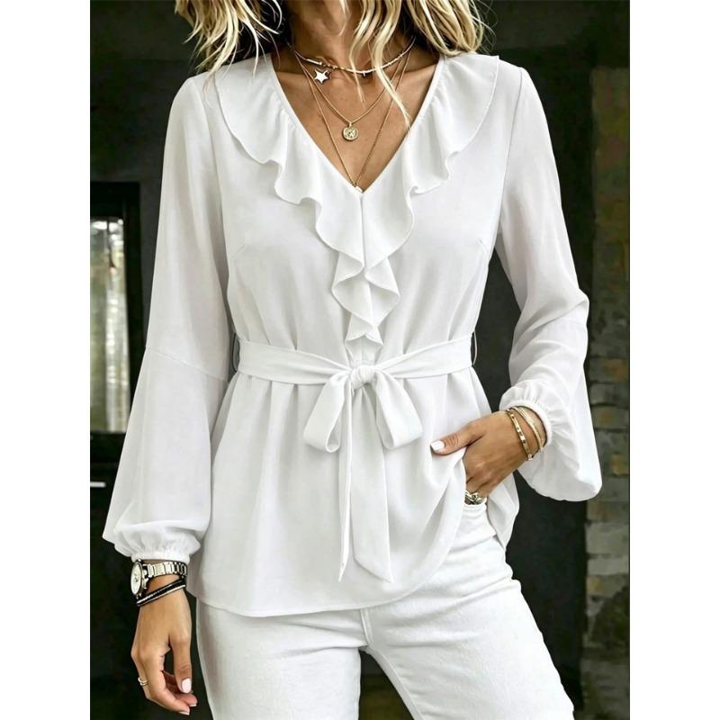 Women S V Neck Long Sleeve Lantern Shirt With Ruffle Tie Waist Solid Color Casual Blouse