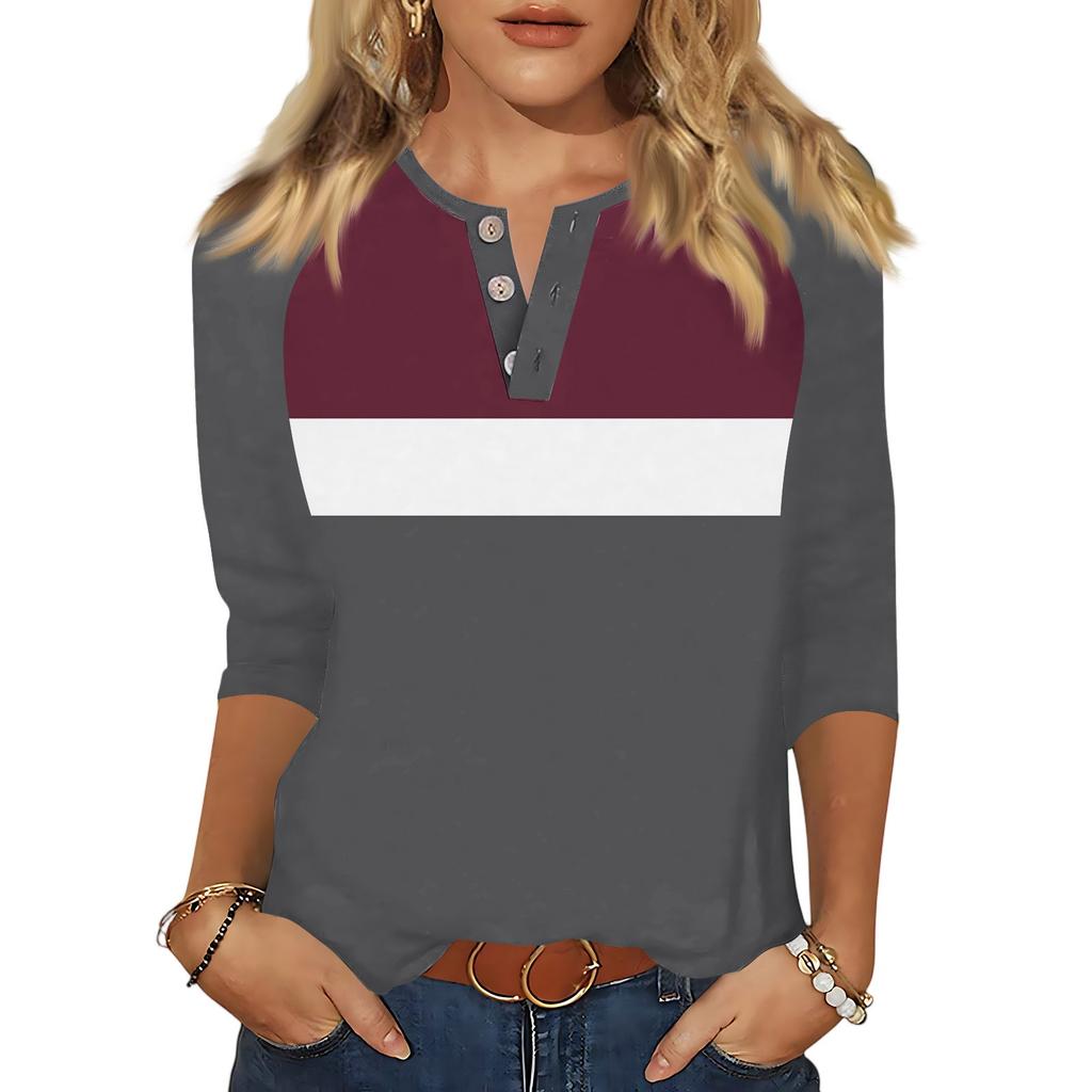 Women's Tops Three-quarter Sleeve V-neck Button Printed Imitation Cotton T-shirt