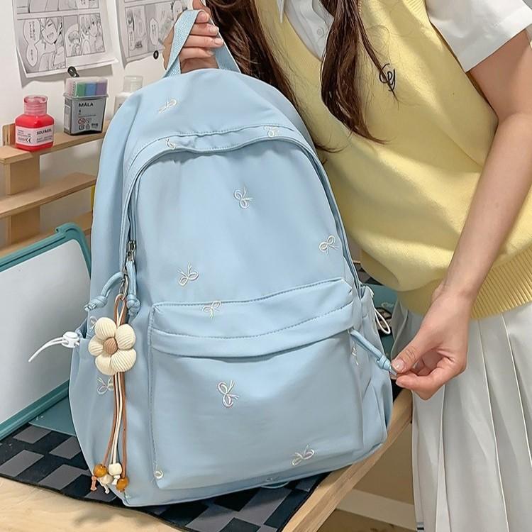 Schoolbag wholesale backpack, student backpack, girl's versatile middle, high school, college student, cute embroidered bow travel backpack