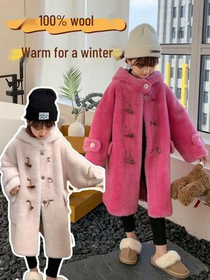 2025 Winter Kinder Koreanischer Stil Woll-Knebelmantel – Kapuzen-Mittellanger Übermantel mit Fellfutter für Jungen & Mädchen.