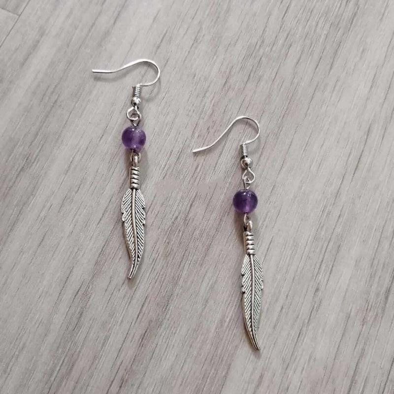 Amethyst Feather Earrings for Pagan Witchcraft Worshippers