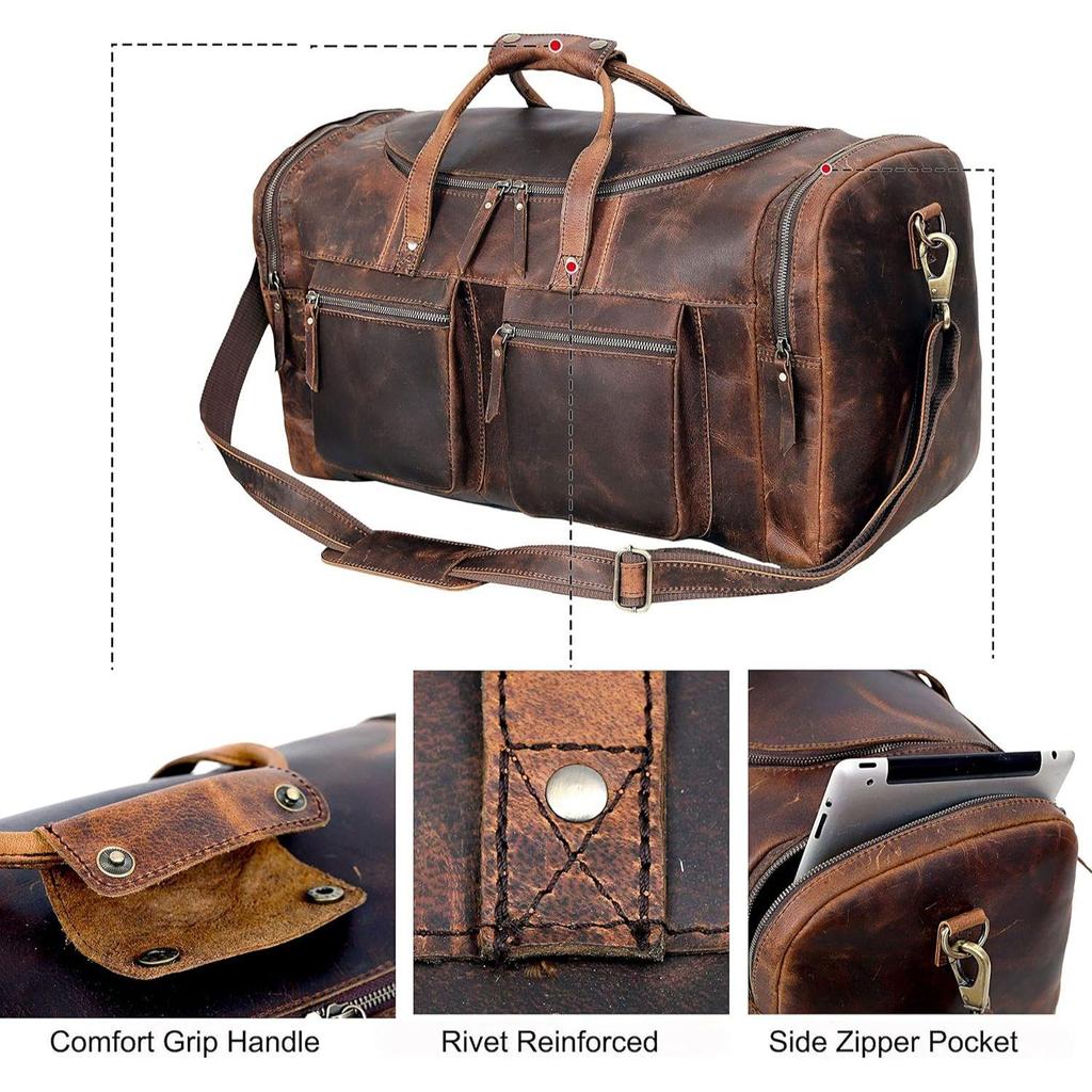 24" Reisetasche im klassischen Vintage-Stil mit modernem Retro-Look, dickes vollnarbiges Rindsleder, handgefertigtes Leder, fürs Fitnessstudio, Weekender, Reisegepäck