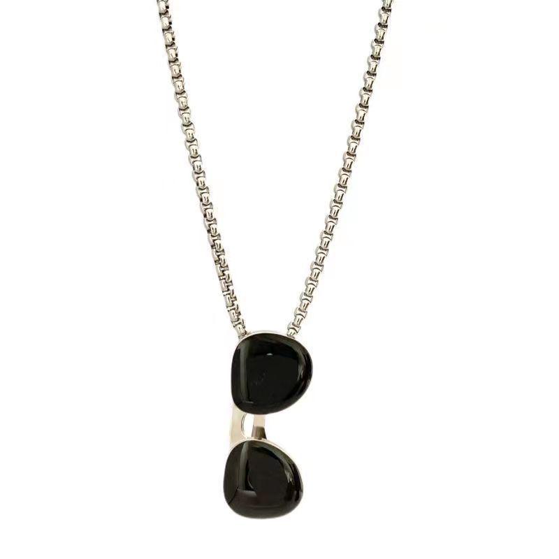 Y2K Retro Black Sunglasses Pendant On Silver Titanium Steel Chain - Hip Hop Street Style Necklace for Men & Women