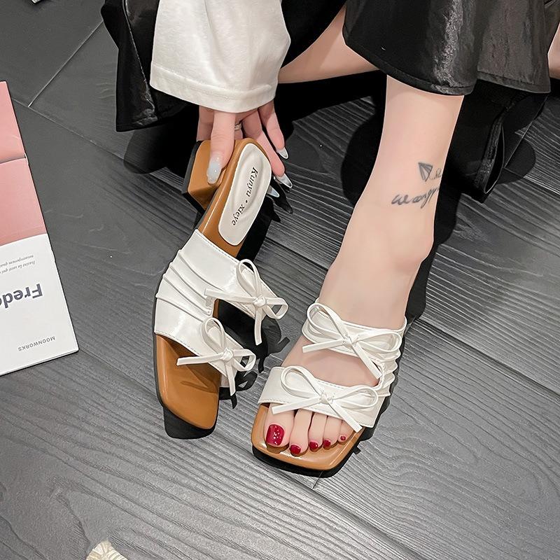 Square Head Bow with Skirt Thick Heel Cool Slippers Women's New Summer Wear Fashion One-word Drag