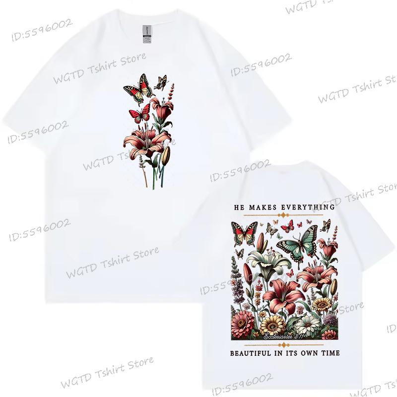 Christian Floral Vintage Boho T-shirt Women He Makes Everything Beautiful Graphic Tee Inspirational Retro Flower Religious Shirt