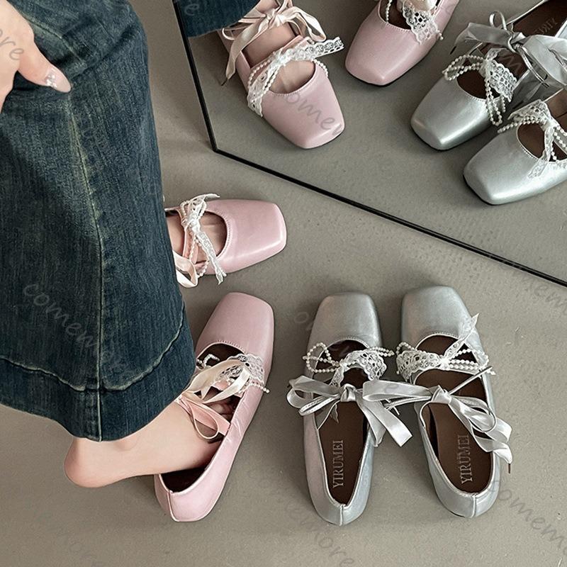 Comemore Women's Ballet Style Elegant Lace Bow Mary Jane Single Shoes Casual Shallow Slip On Flats Ladies Square Toe Mocasines