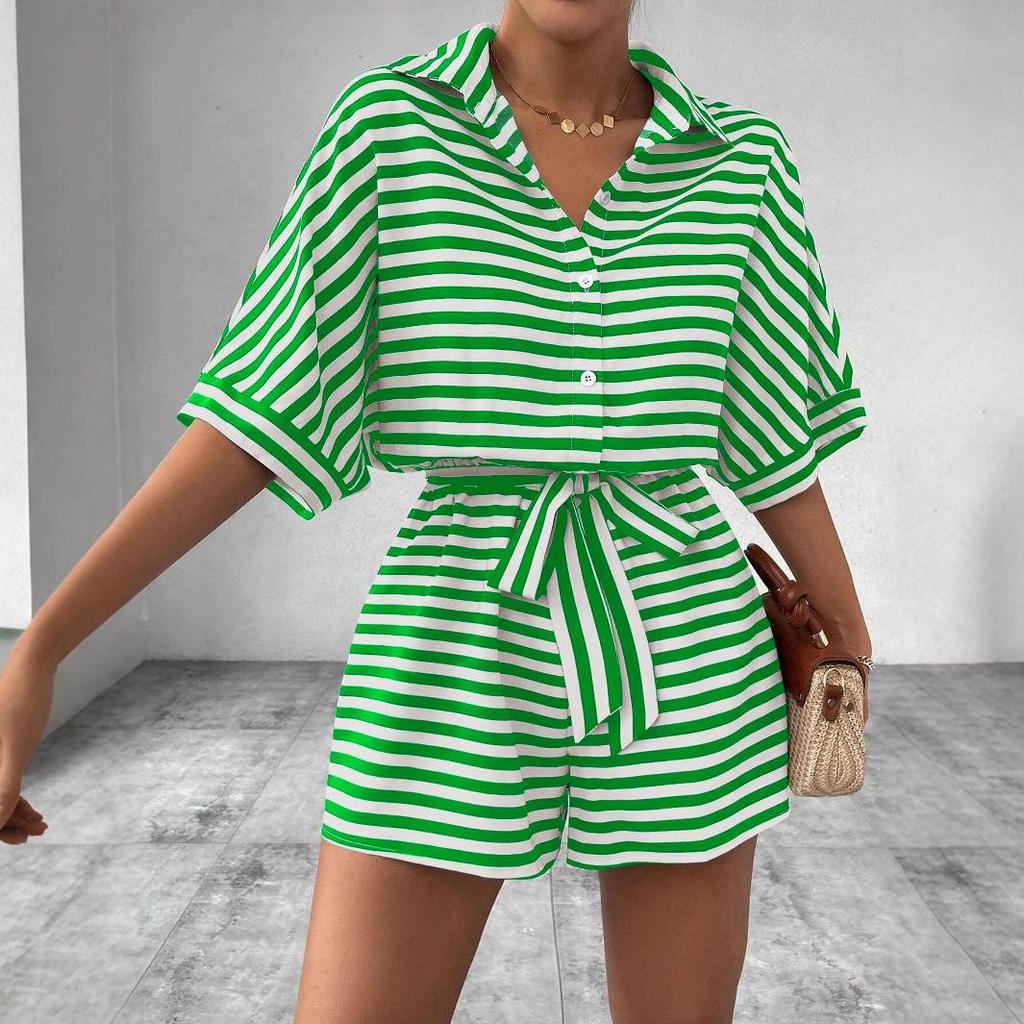 Summer Jumpsuit for Women's Casual Loose Comfortable Outfit Striped Batwing Sleeve Shirt Top+ Shorts Jumpsuit Woman