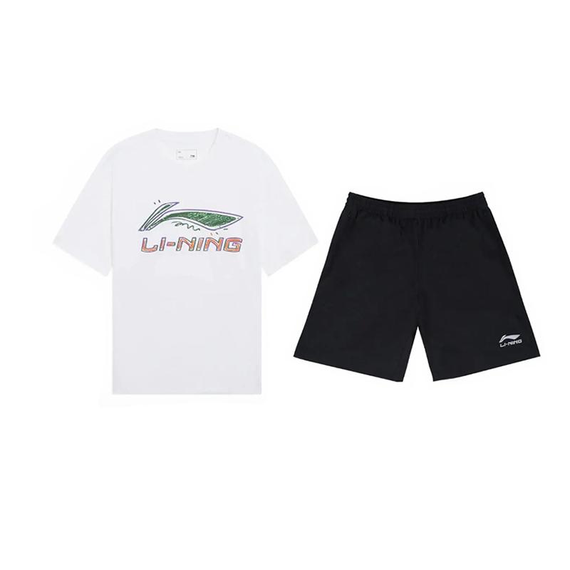 Li Ning Graffiti Logo Printed Fashion Trendy Design Versatile Round Neck Pullover Short Sleeve T-Shirt Casual Sports Set AHSUB03-2+YKSV147-2