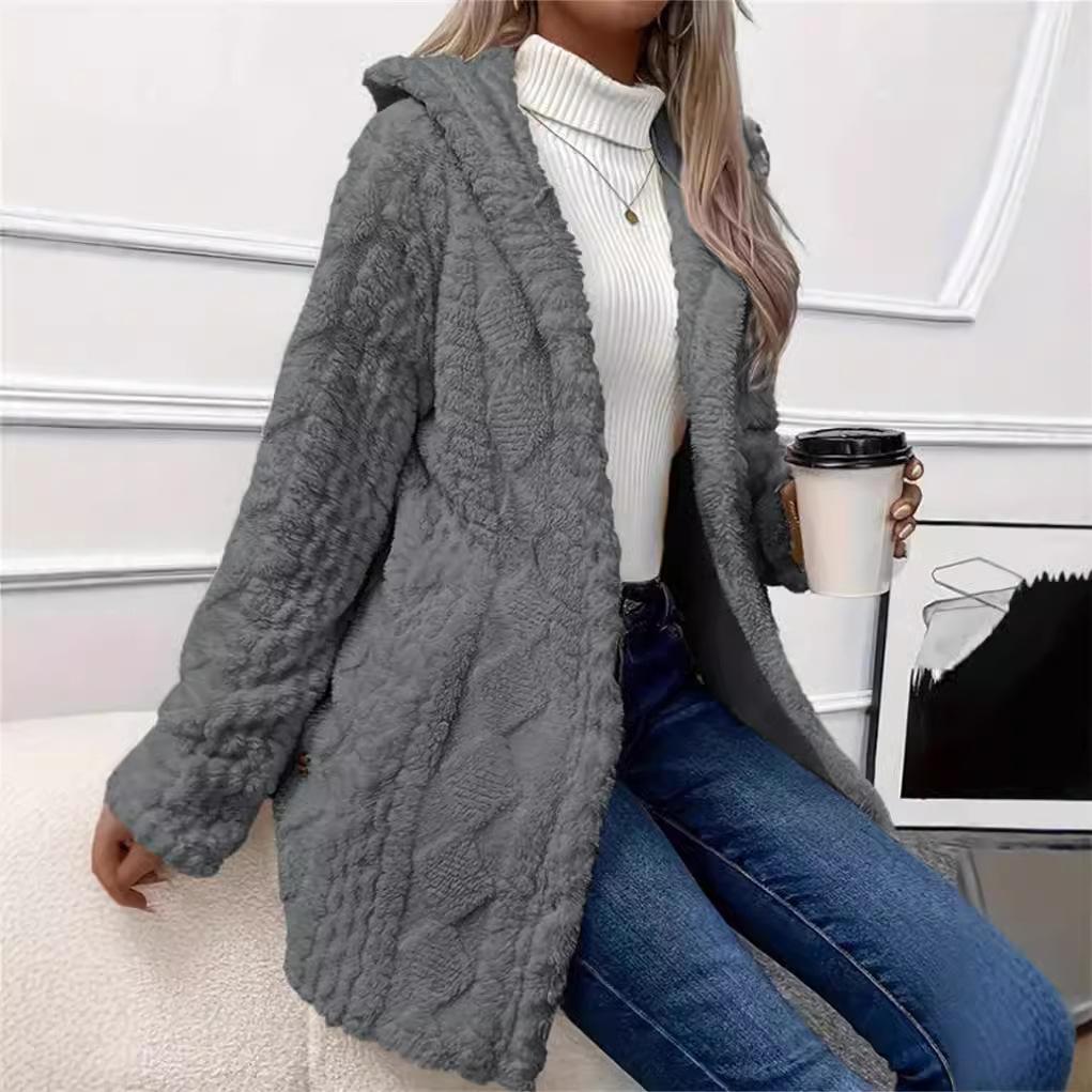 Women Cardigan Hoodie Jacket Autumn Winter Argyle Textured Pattern Hooded Irregular Hem Buttons Fleece Oversized Outerwear Coat