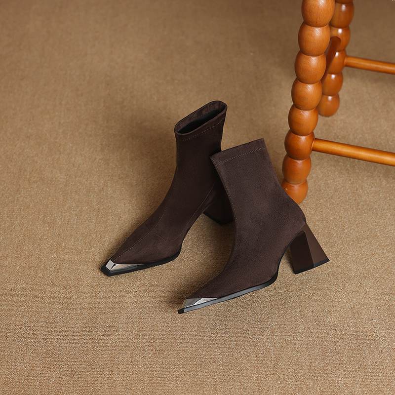 Krazing Pot Flock Autumn Winter Shoes Metal Decoration Thick High Heels Big Size 40 Modern Boots Square Toe Keep Warm Slip On Ankle Boots