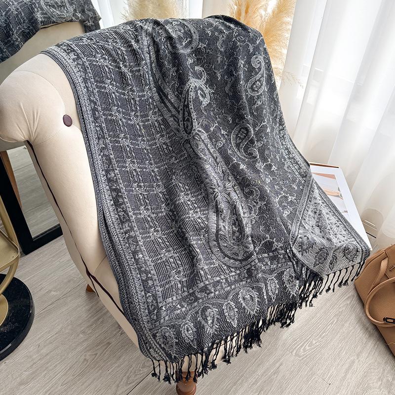 Jacquard Scarf Shawl Tassel Cashew Jacquard Ethnic Style Scarf Women's Autumn and Winter Retro Scarf Warm and Cold-proof Shawl