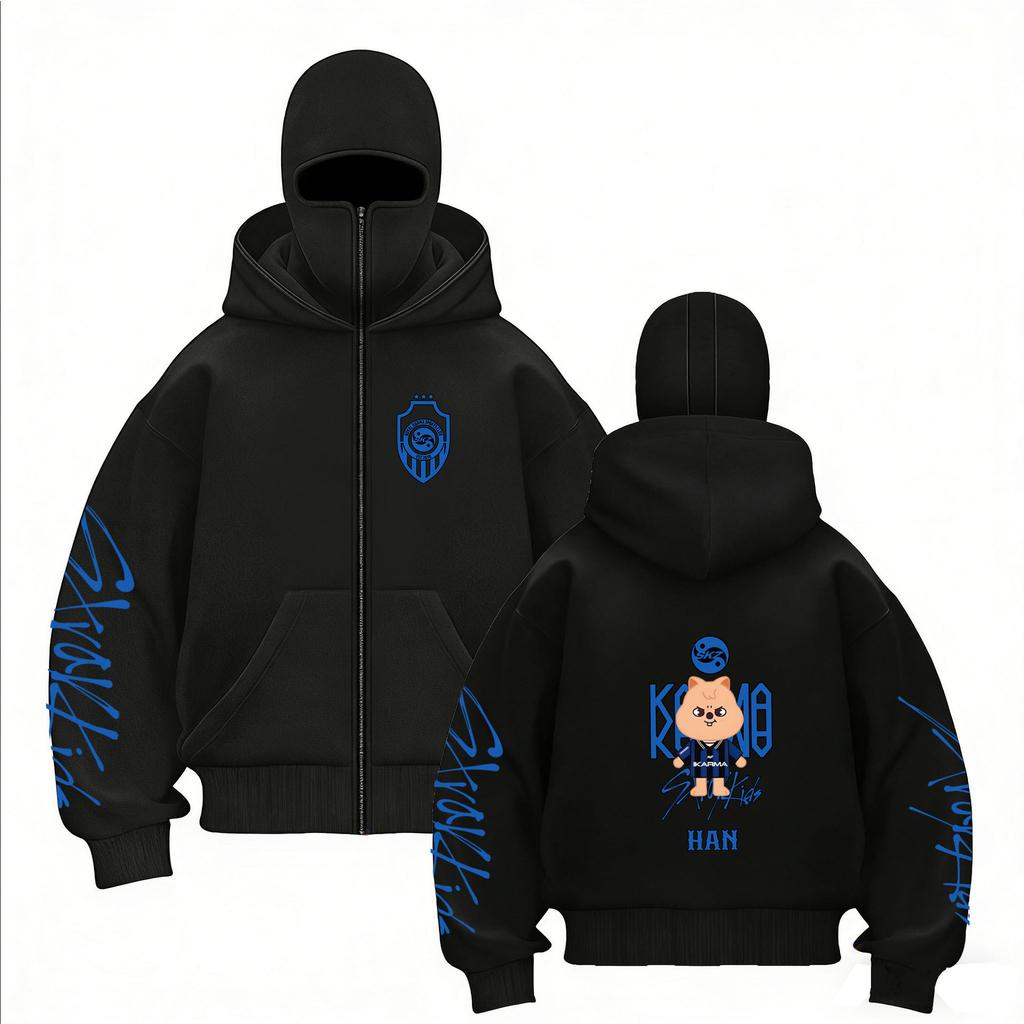 Stray Kids Skz Harajuku Printed Stray Kids Double Hood Zip-Up, Harajuku Print SKZ Hoodie for STAY Two-hat Zip-up Shirt for Men and Women