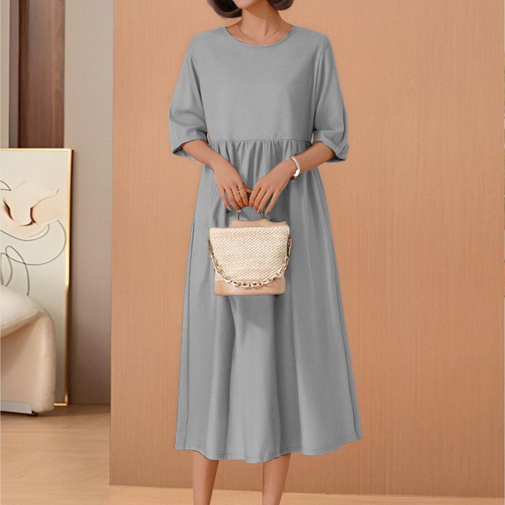 Women's Summer Color Round Neck Half Sleeve Casual Long Color Dress