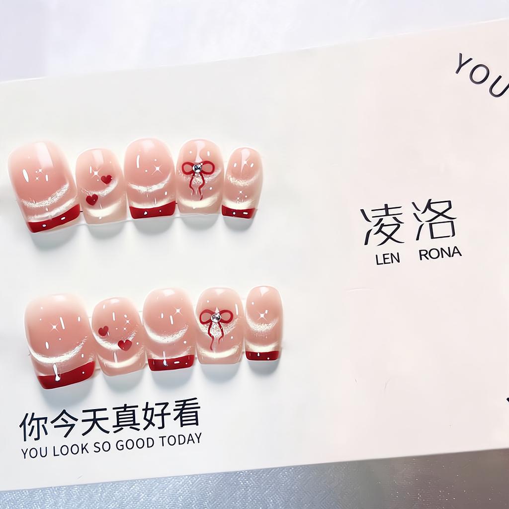 Press on Nails Artificial Acrylic Nails Glossy False Nails Full Cover Stick on Nails Square Fake Nails with Glitter Design Glue on Nails for Women