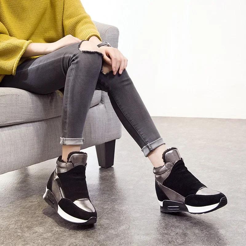 6CM High Top Women Shoes Synthetic Leather Platform Ankle Boots Wedge Hidden Heel Autumn Warm Fur Winter Shoes Sneakers