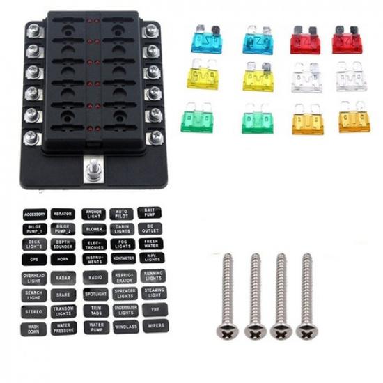 12Way Fuse Box Car Blade Fuse Holder Red LED Indicator Cover For Marine Boat RV