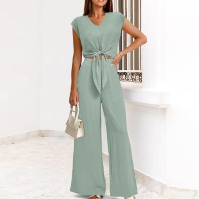 2 Teile/satz Frauen Top Hosen Set Spitze-up Knoten Kurzen Ärmeln Einfarbig V-ausschnitt Hohe Taille Breite Bein Weiche OL Pendeln T-shirt Hosen Set