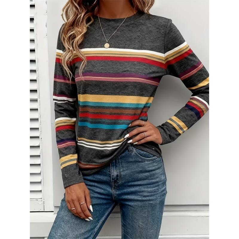 Women's New Casual Spring and Autumn Fashion Round Neck Striped Digital Print Long Sleeve T-Shirt