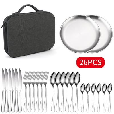 Outdoor Camping Picnic Portable Stainless Steel Tableware Set 26-piece Western Food Storage Knife and Fork Spoon YSH-37-26PS